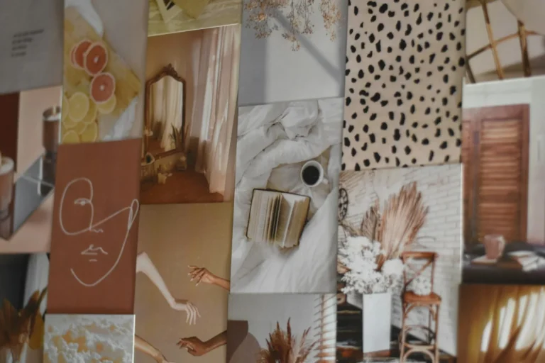Cohesive aesthetic vision board collage in muted warm palette with magazine cuts, line-art face, and dried pampas