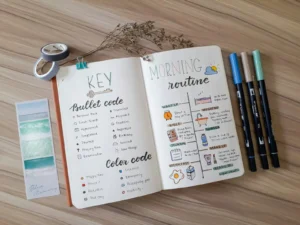 Bullet Journal Stickers and Washi Tape: A Practical Guide Open bullet journal spread decorated with pens and stickers