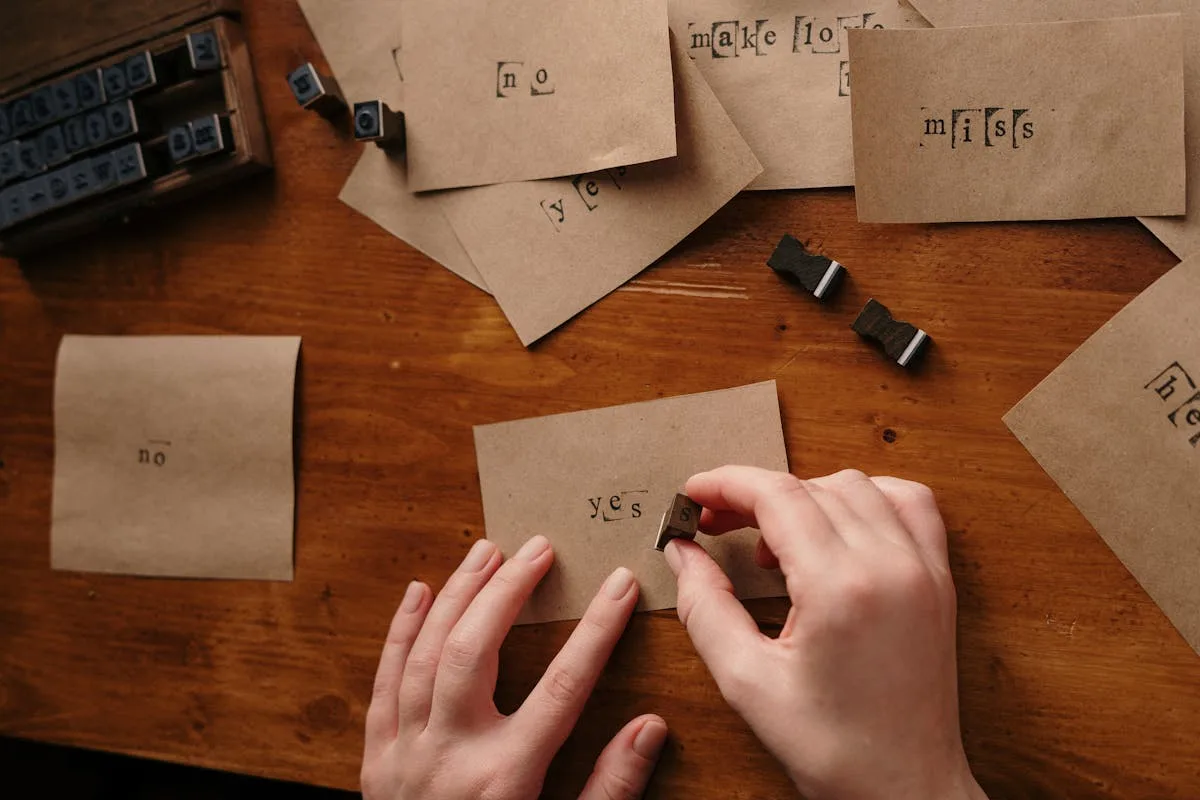 Hands stamping letters onto kraft paper tags by hand