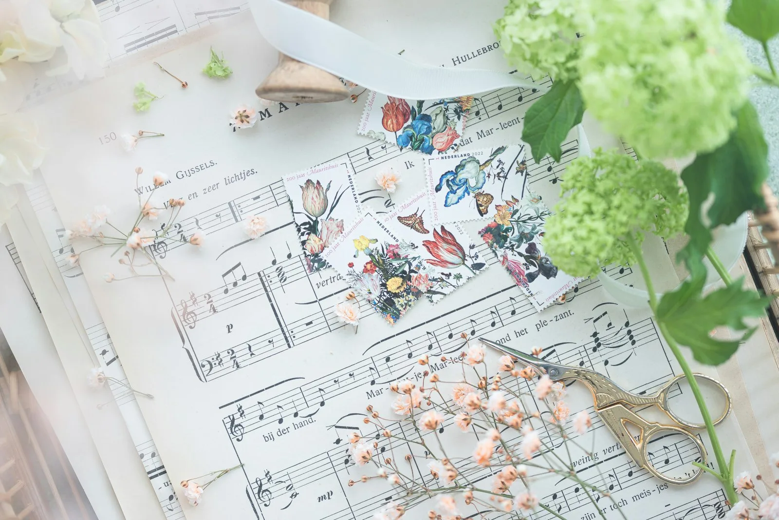 Vintage sheet music layered with pressed flowers and gold scissors for paper crafting