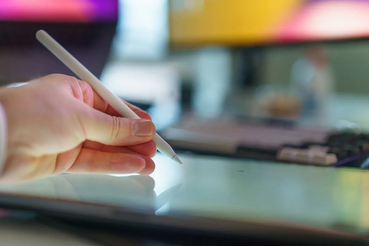 Hand using a stylus to write on a tablet screen