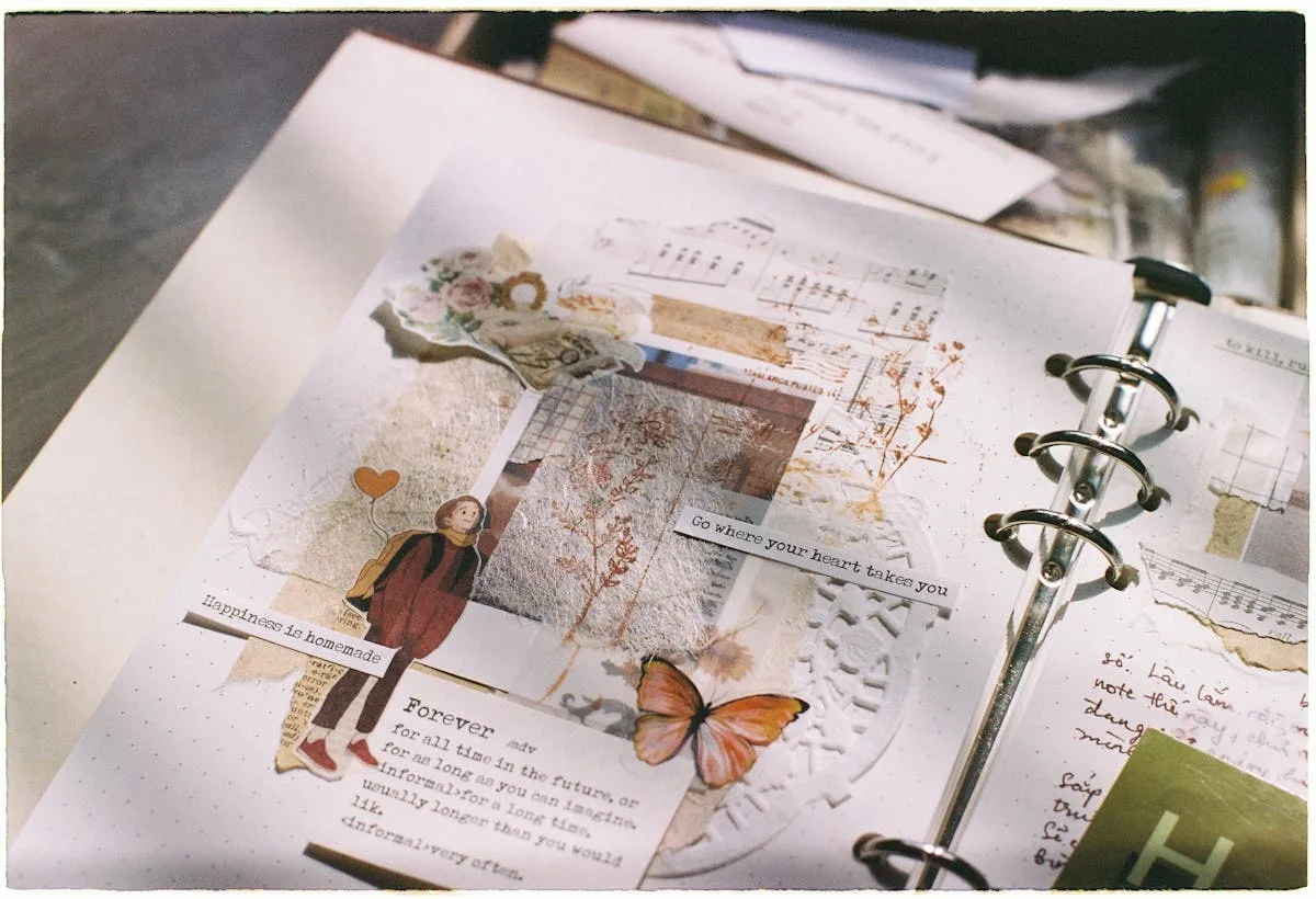 Close-up of a finished decorated junk journal spread