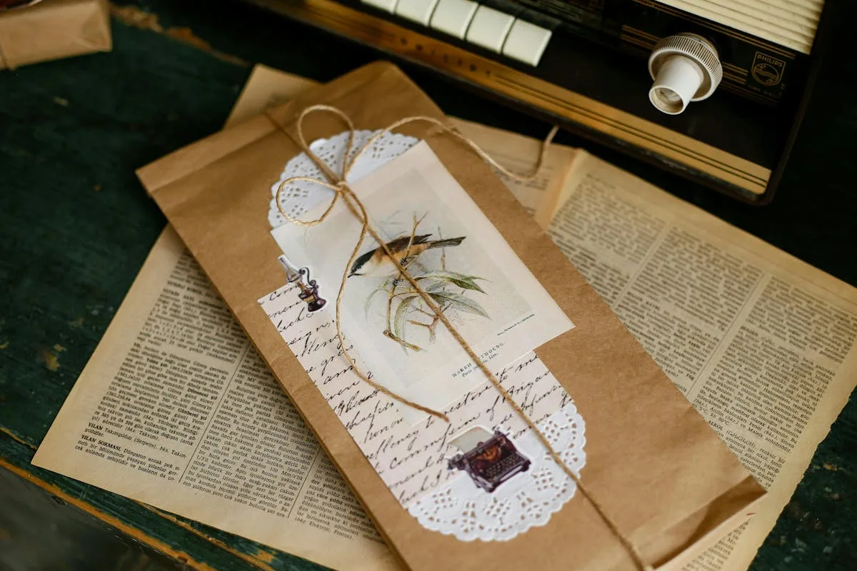 Kraft paper pocket with a doily, twine, and a vintage bird illustration tucked into a journal