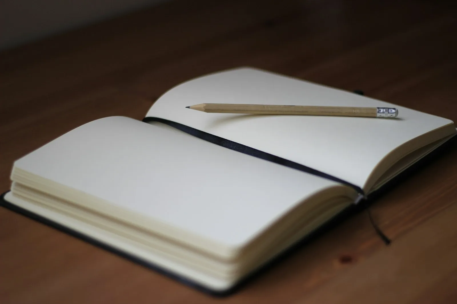 Open blank journal spread with a pencil resting on warm wooden desk, ready for a junk journal entry