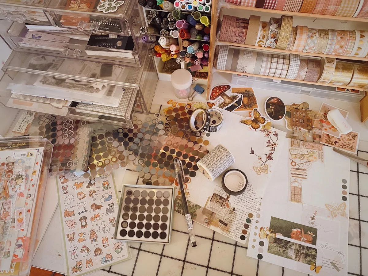 Collection of scrapbooking stationery and junk journal supplies