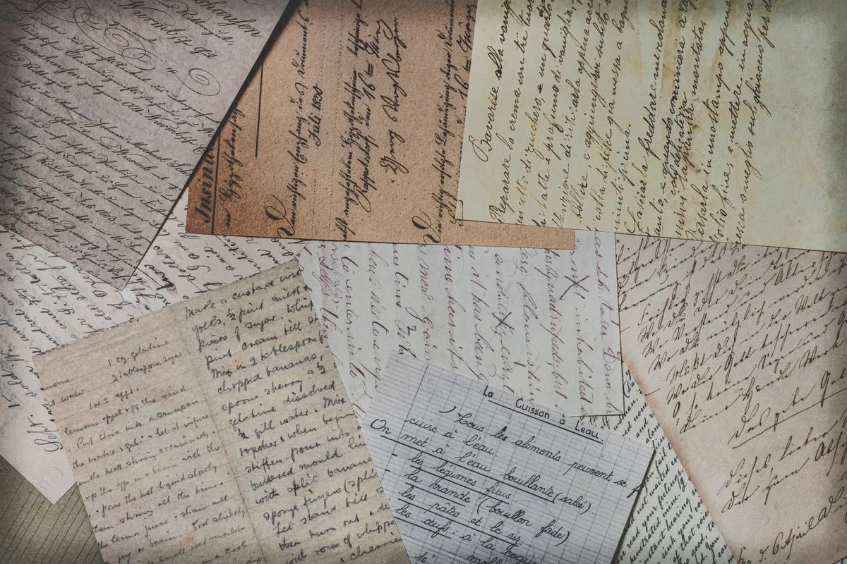 Multiple cream and sepia handwritten letter pages layered and overlapping to fill the frame