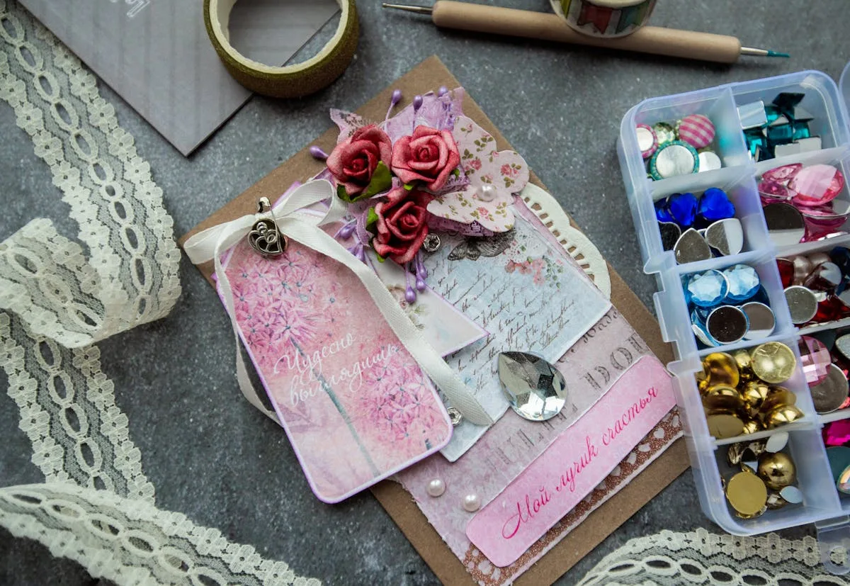 Scrapbooking supplies and stickers with dried flowers