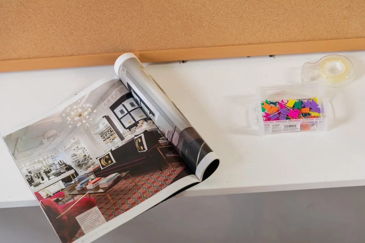 Teen room with a colorful bulletin board pinned with magazine cutouts and photos