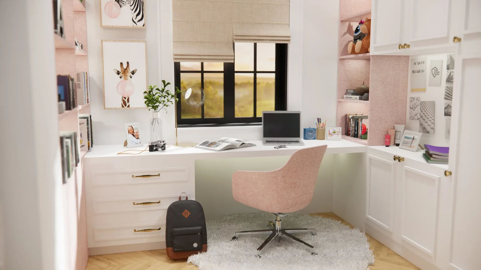 Pink teen bedroom with a desk, pinboard with photos, and a small chair