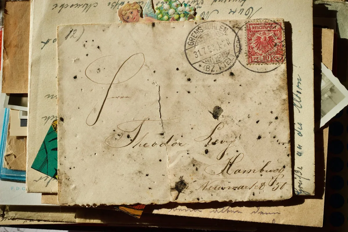 Stack of vintage letters and ephemera with an antique postmark