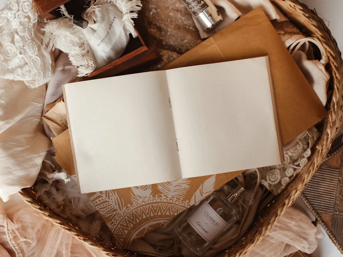 Handmade vintage journal styled with lace and fabric in a woven basket