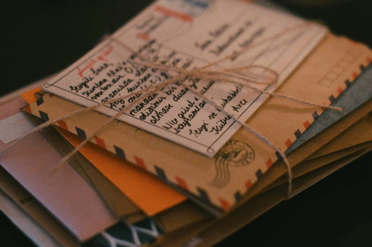 Bundle of vintage letters and airmail envelopes tied with twine