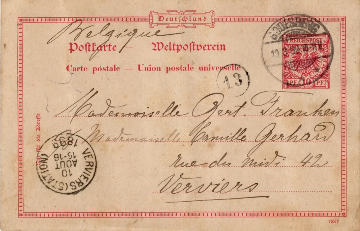 Antique German postcard from 1899 with handwritten cursive address and red one-pfennig stamp
