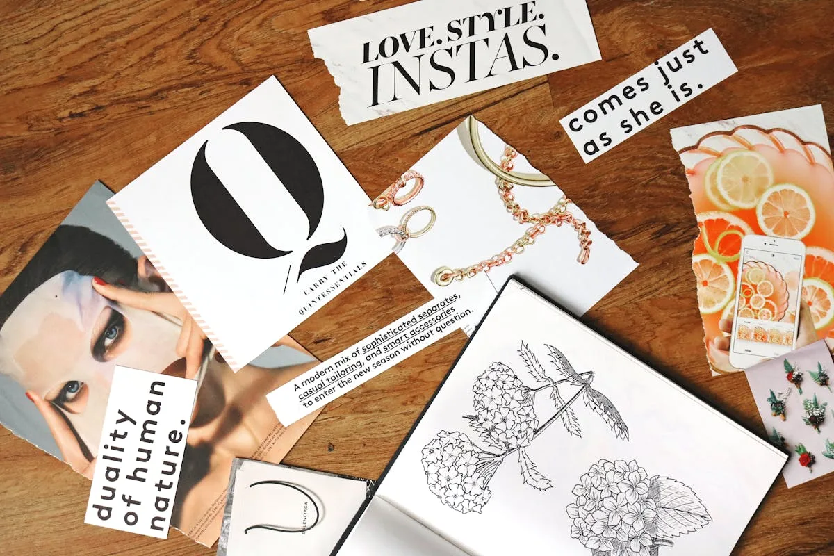 Magazine cutouts and patterned paper being assembled into a vision board collage
