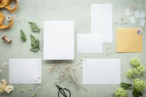 Vision board kit contents flatlay: blank cards, scissors, dried botanicals on a soft sage background