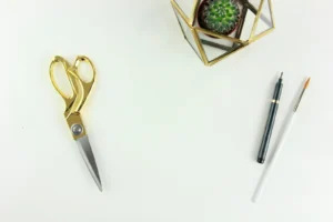Vision board supplies flatlay with gold scissors, pens, and a small plant on a white desk