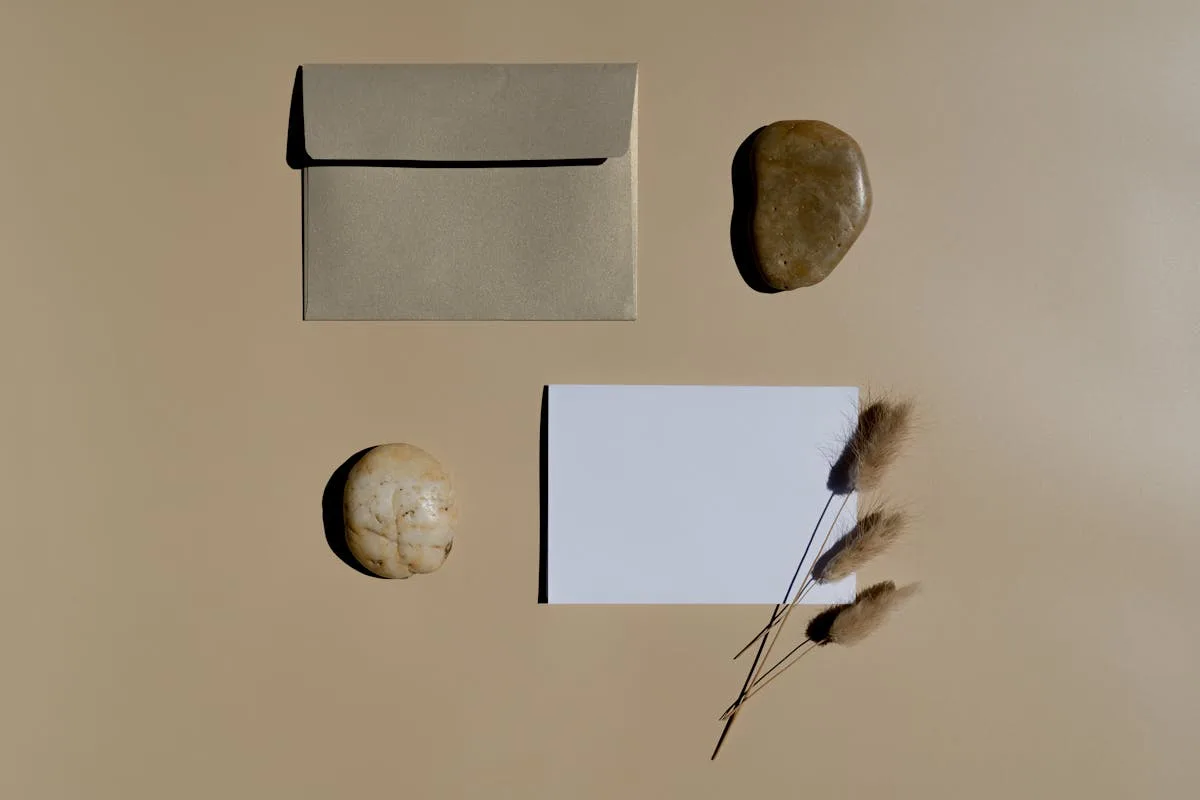 Neutral beige flat lay with an envelope and a dried flower