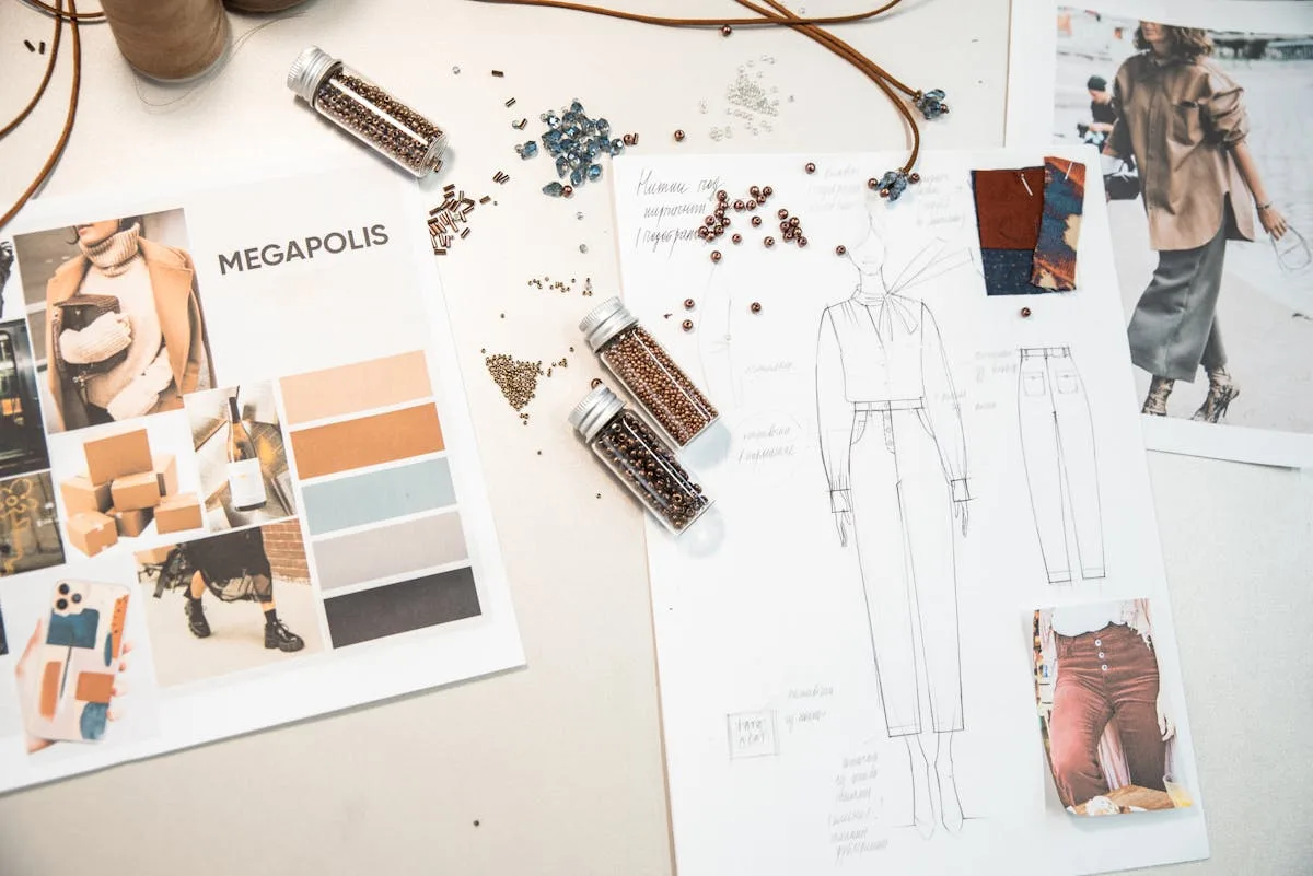 Design moodboard with layout cards and color swatches