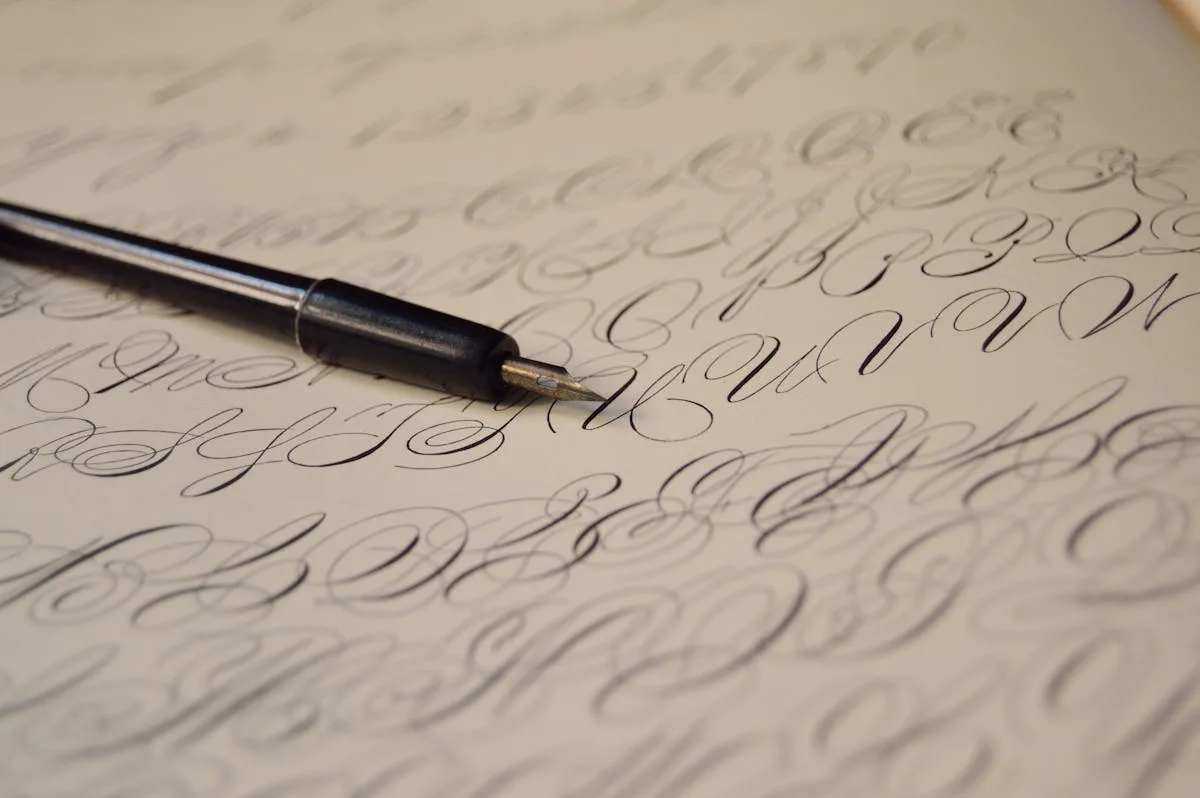 Elegant cursive handwriting flowing across cream paper with a pen