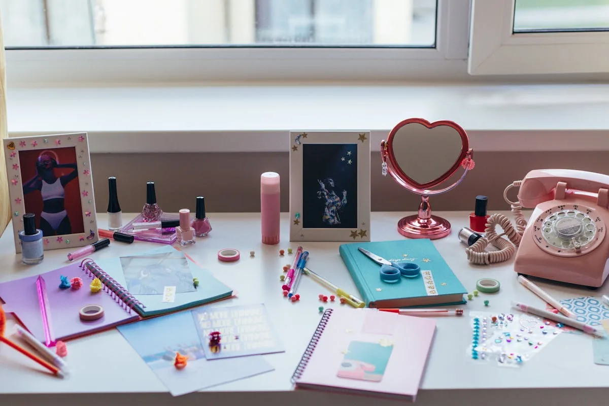 Decorated planner with cute stickers and washi tape on a desk