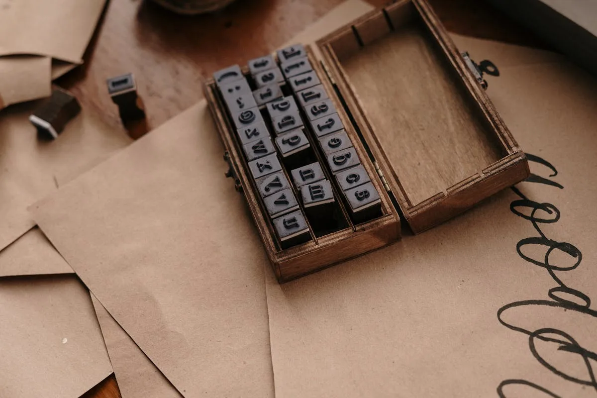 Alphabet rubber stamps and ink for lettering