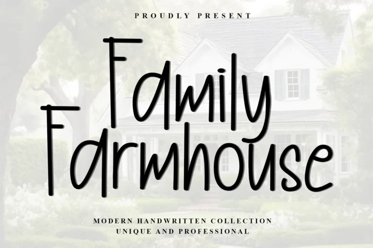 Family Farmhouse font preview, tall narrow handwritten capitals at marker weight