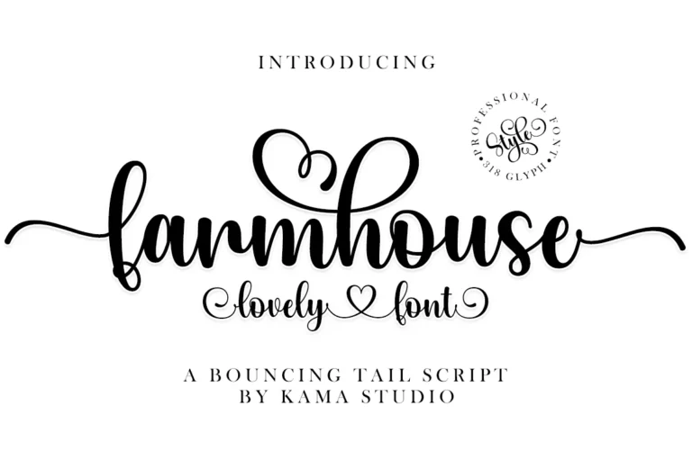 Farmhouse font preview, bouncing tail script with heart swashes