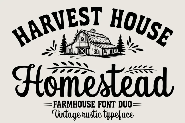 Homestead font preview, farmhouse duo pairing a condensed slab with a rustic script