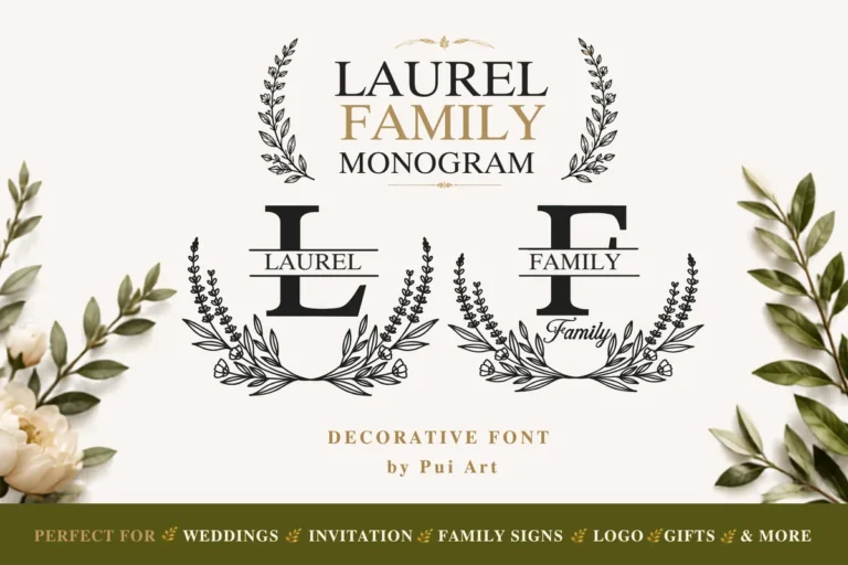 Laurel Family Monogram font preview, laurel wreath frame with a family name bar