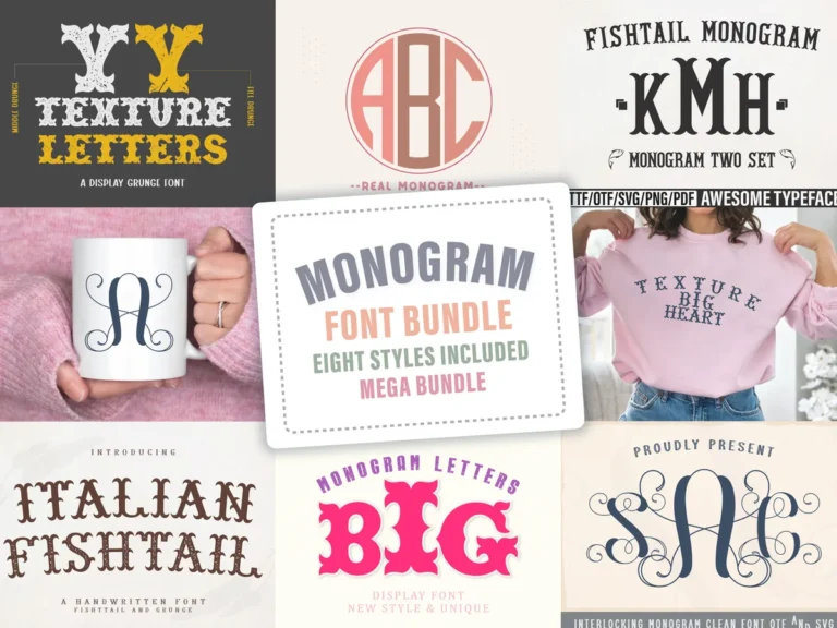 Monogram Bundle preview showing eight monogram font styles including fishtail and circle