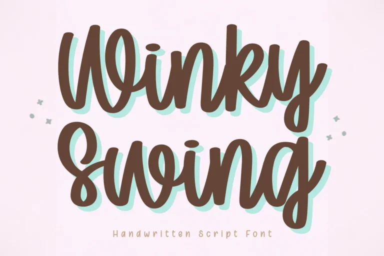 Winky Swing font preview, bouncy retro script shown with an offset shadow in two colors