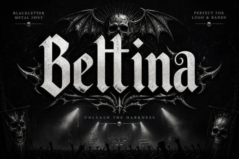 Beltina font preview, dense spiky blackletter in a heavy metal poster style