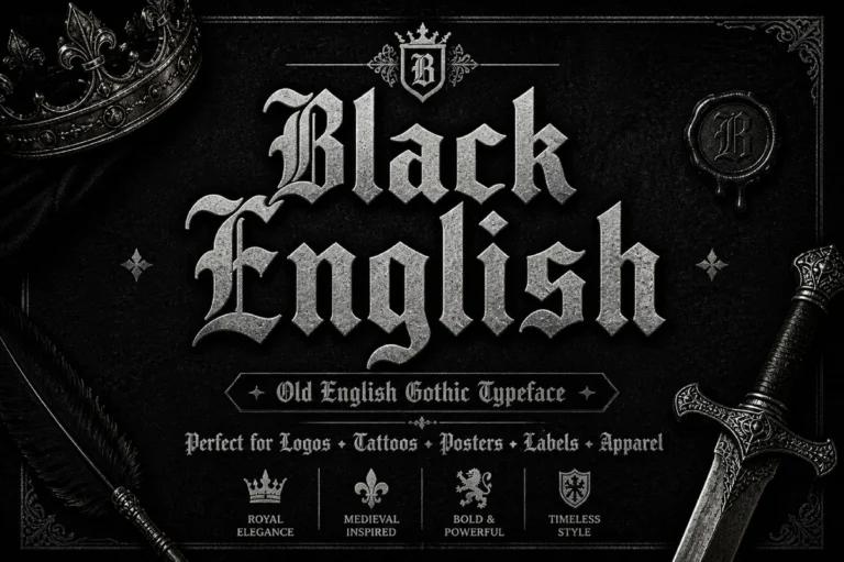 Black English font preview, traditional Old English tattoo lettering with spurs and hairline strokes