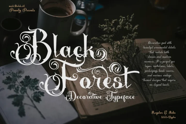 Black Forrest font preview, ornamental script with curled decorative capitals