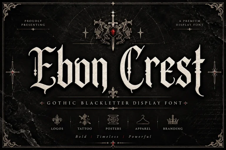 Ebon Crest font preview, sharp condensed blackletter with tapered points