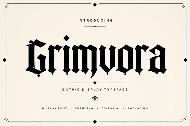Grimvora font preview, an open gothic display face with generous counters