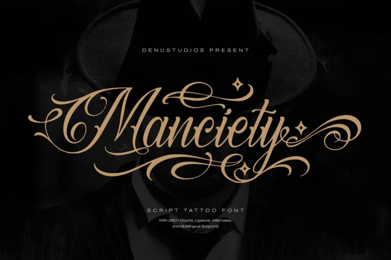 Manciety font preview, ornate tattoo script with long entry strokes and open joins