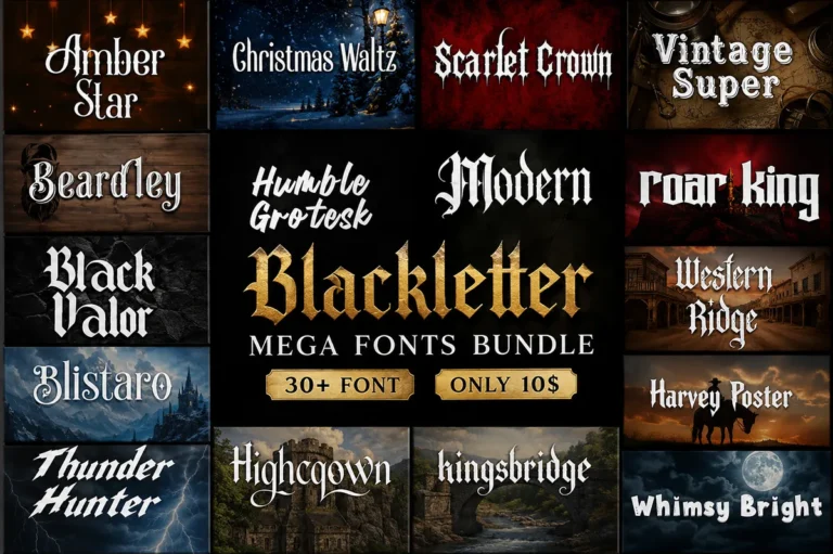 Modern Blackletter Mega Bundle preview grid showing thirty blackletter and display fonts