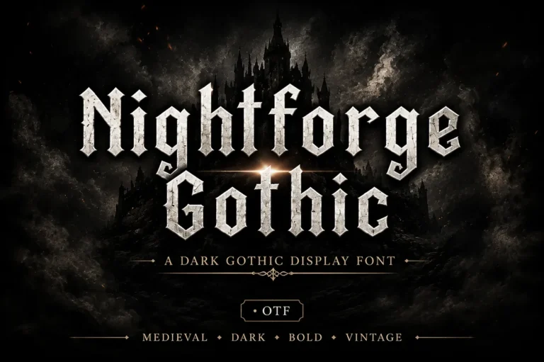Nightforge Gothic font preview, dark ornamented gothic lettering with fine terminals