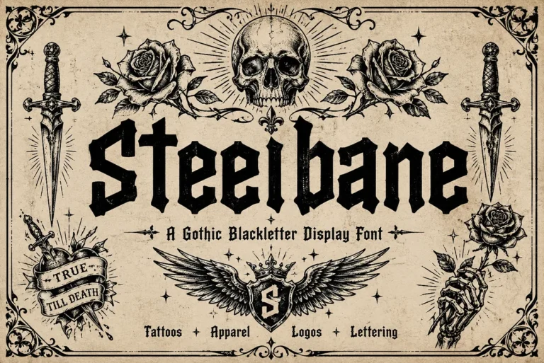 Steelbane font preview, compact gothic blackletter in a traditional tattoo flash layout