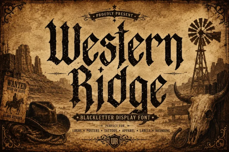 Western Ridge font preview, blackletter with a western saloon sign tilt