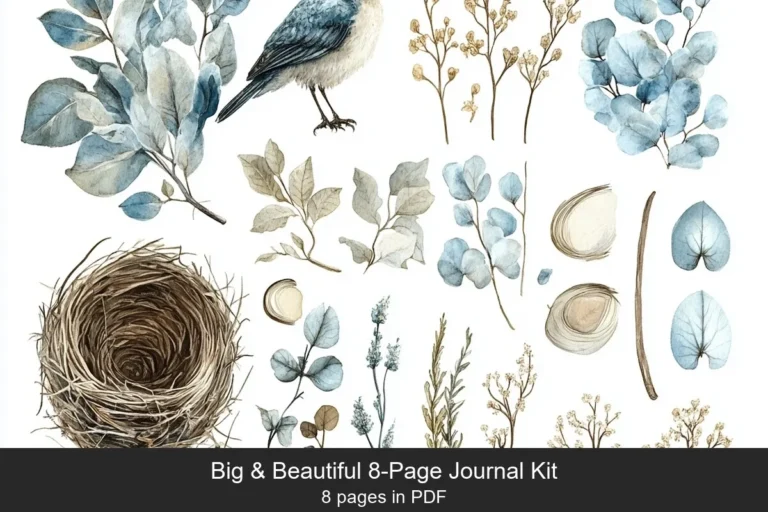 Bluebird Nesting journal kit preview, watercolor bluebird, nest, eggs and blue botanicals
