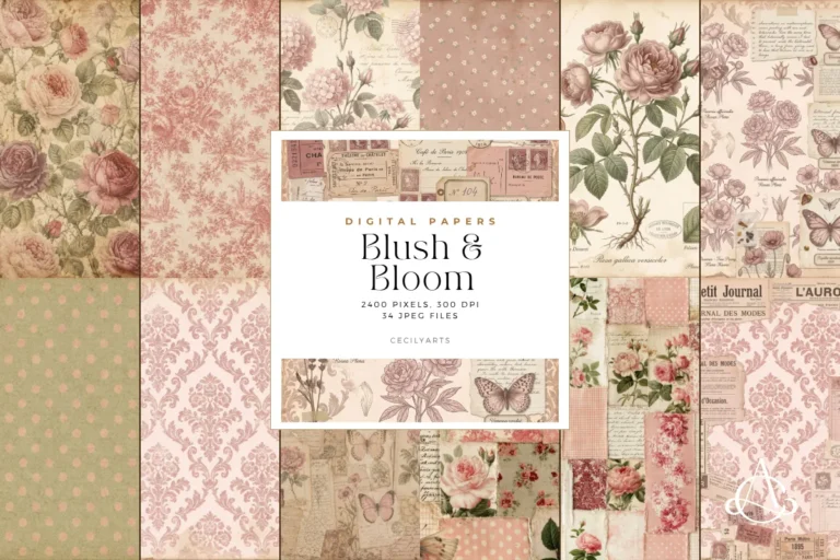 Blush and Bloom vintage junk journal papers preview, faded roses, damask and toile in dusty pink and cream