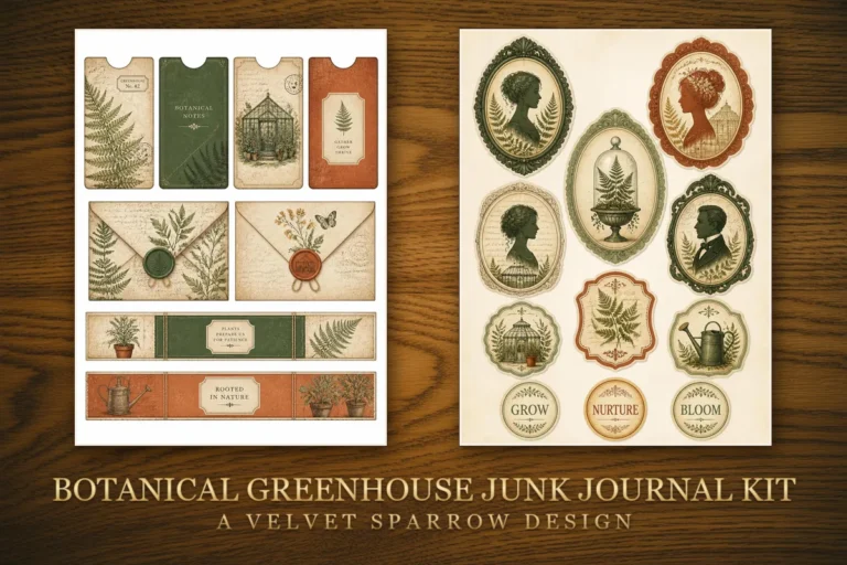 Botanical Greenhouse junk journal kit preview, printable tags, labels and cameo frames with ferns and potted plants