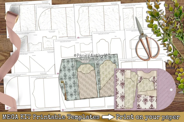 Junk journal folio templates mega kit preview, printable pocket, envelope and folio templates with scissors