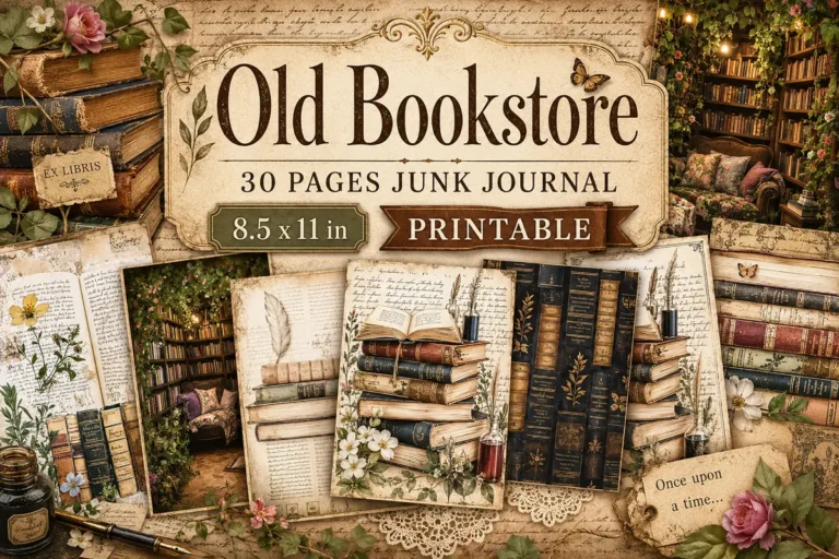 Old Bookstore printable junk journal papers preview, antique books, library shelves and botanical details on aged paper