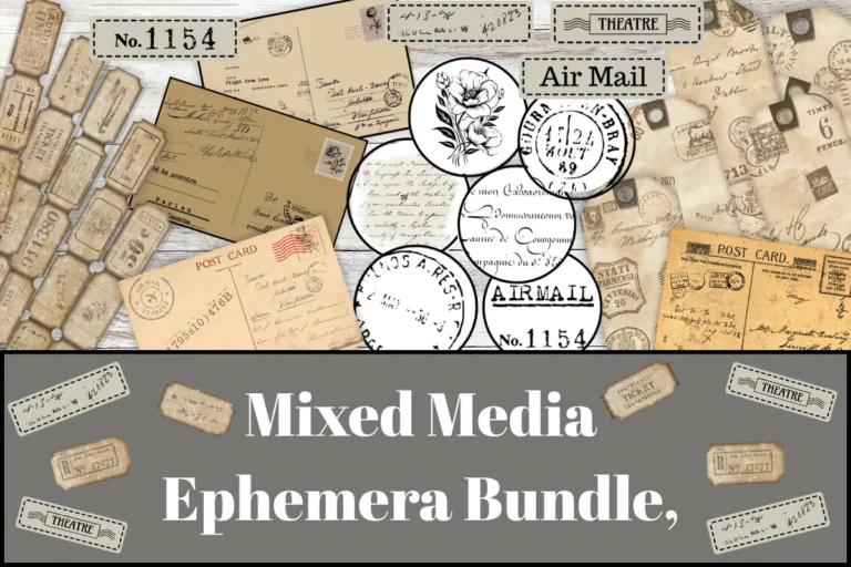 Mixed media ephemera bundle preview, printable vintage tickets, postcards, postmarks and labels