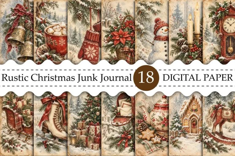 Rustic Christmas junk journal digital papers preview, mittens, sleigh bells, snowmen and a gingerbread house