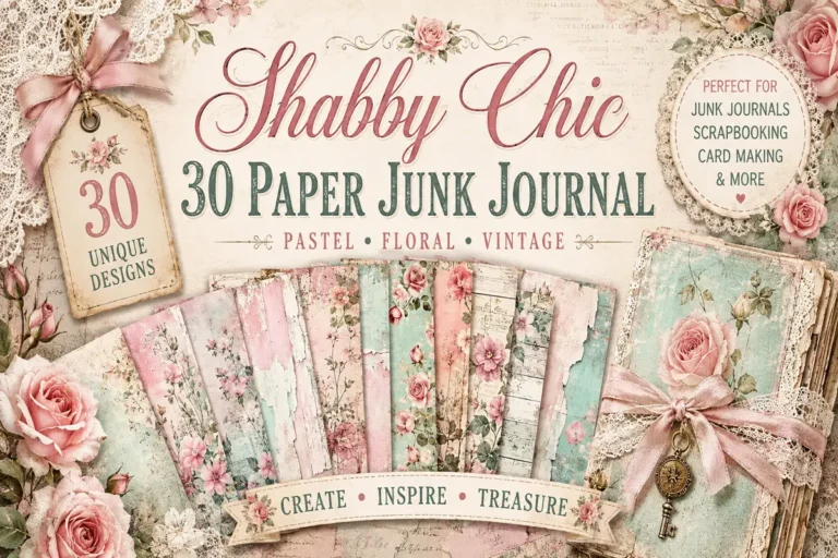 Shabby chic floral junk journal papers preview, pastel rose, lace and distressed backgrounds