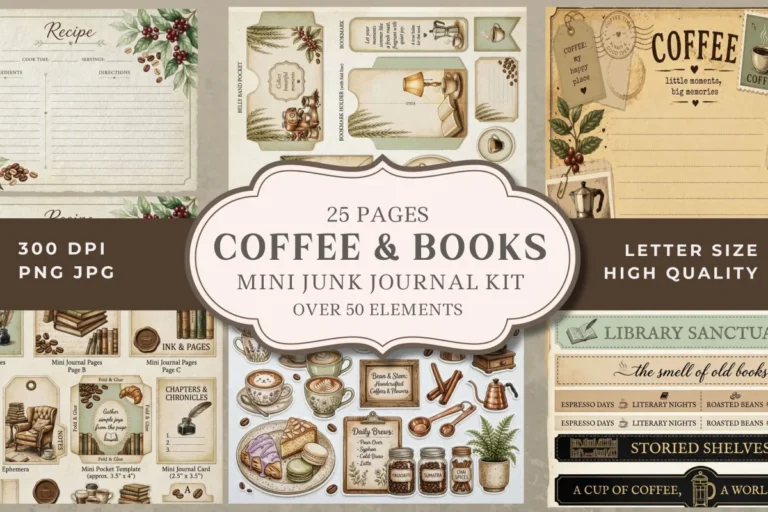 Coffee and Books mini junk journal kit preview, printable pages and ephemera with coffee cups and old books